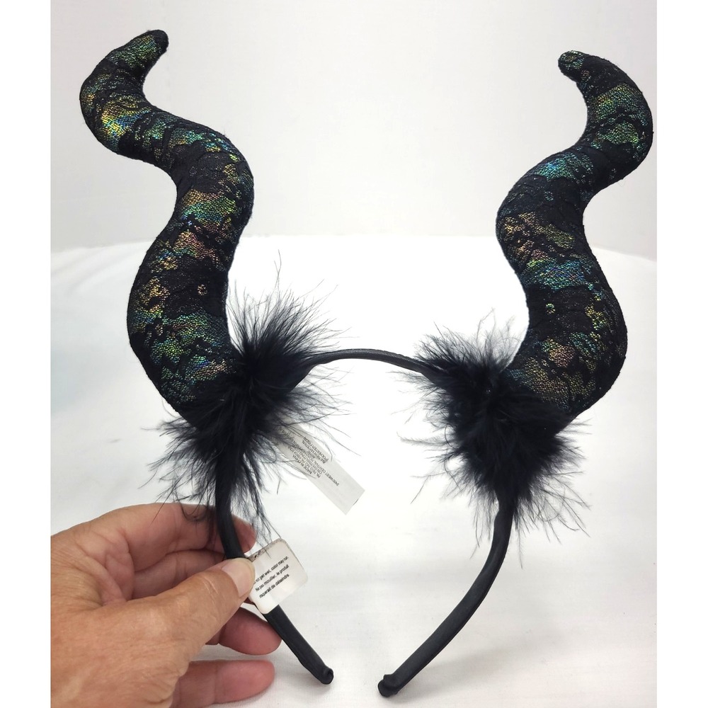 Vtg NEW NOS Claires Black Lace Iridescent Witch/Devil Horns Headband Feather NWT